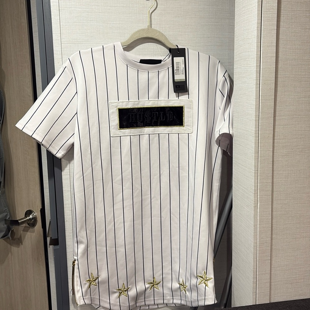 Supply & Demand white pinstripe goldstar zipper tee NWT baseball jersey feel